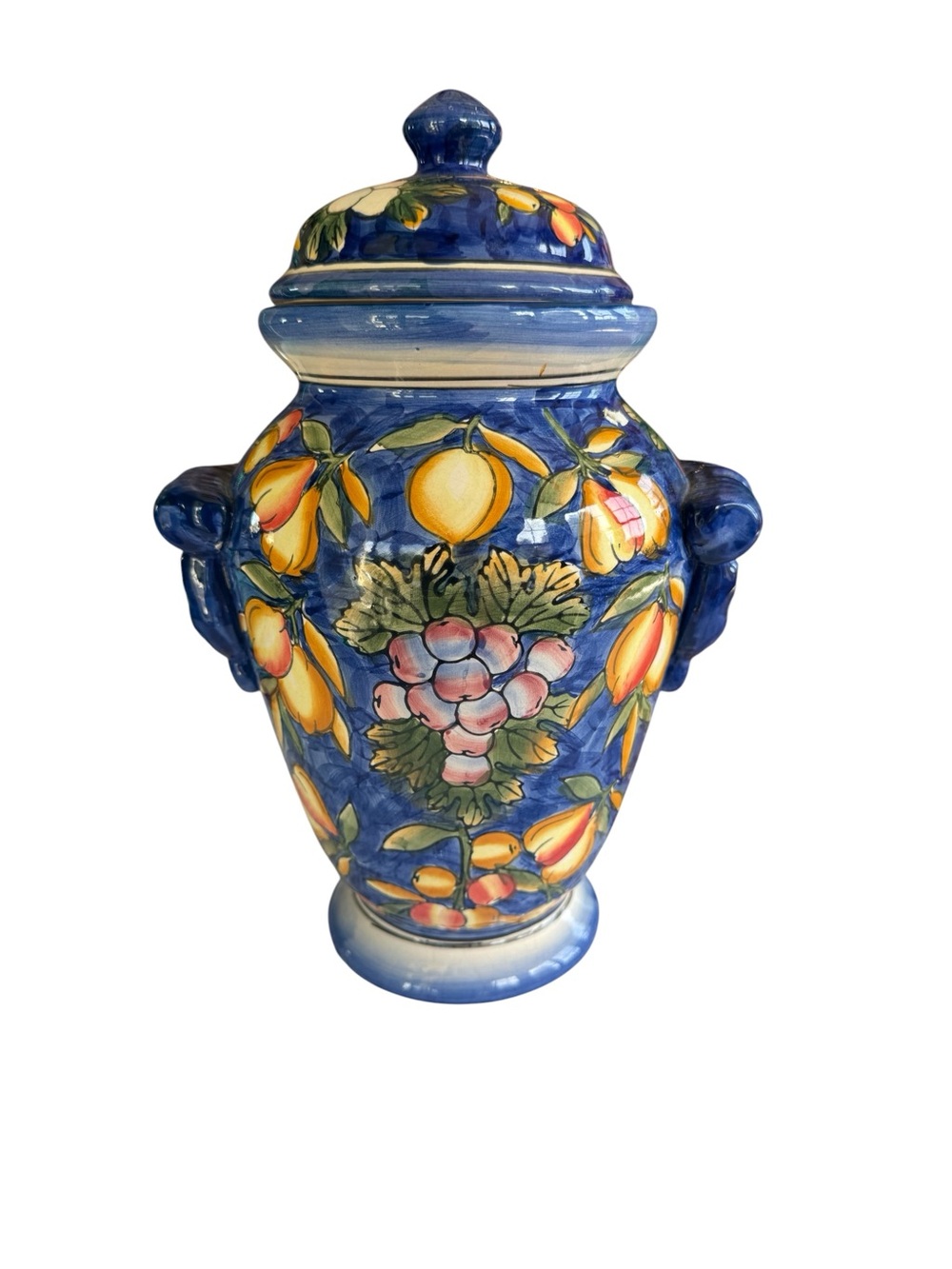 Vintage Italian Style Ceramic Lidded Urn Vase Hand Painted Fruit Figural Handles